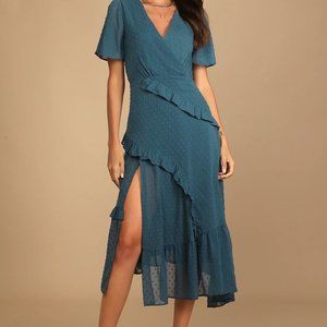 Slate Blue Swiss Dot Ruffled Midi Dress (Next to You)